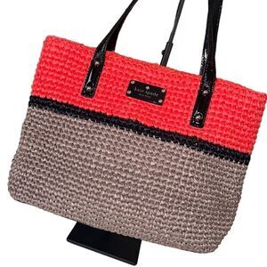 Kate Spade Black Orange Brown Straw and Patent Leather Shoulder Bag Tote